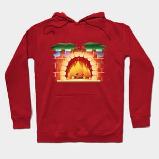 Fireplace and fire. On the fireplace are New Year's boots, a bow and Christmas tree branches. Hoodie